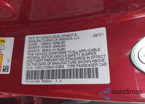 2021 Honda Accord Ex-L z USA, uszkodzony, nr VIN 1HGCV1F58MA100808